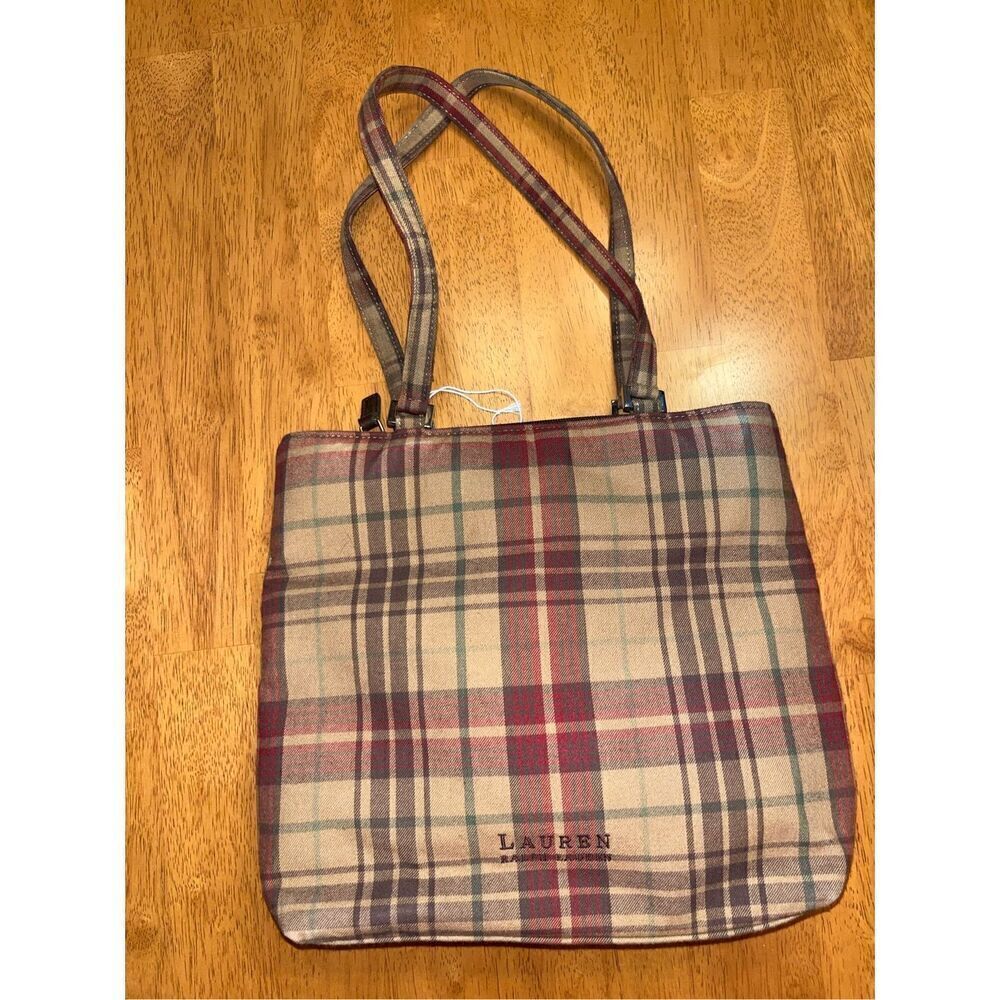 Lauren Ralph Lauren Keningston Plaid Shoulder Bag Purse Brown Cloth